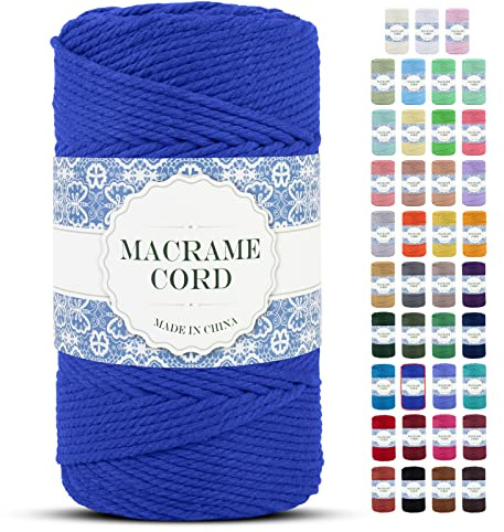 Uiopa Cuerda Macrame 4mm x 200m Hilo Macrame Grueso Cuerda de Algodon Natural Suave de 4 Hilos, Cordel Algodón para DIY Manualidades Tapices de Pared Cortina Colgador de Plantas (Azul)