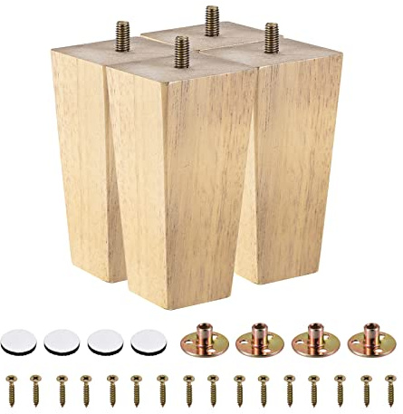 sourcing map Furniture Legs, 4.7 Inch(120mm) Set of 4 Square Solid Wood Couch Legs Chair Table Feet Sofa Support Replacement Parts, with Accessories, Light Brown