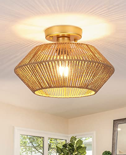 MRHYSWD Boho Rattan Plafoniere A Filo Soggiorno, 1 Luce Lampadari Vimini Plafoniera Per Camera Da Letto Cucina Sala Da Pranzo Corridoio, Illuminazione Soffitto Rattan Dorato, Senza Lampadina E27