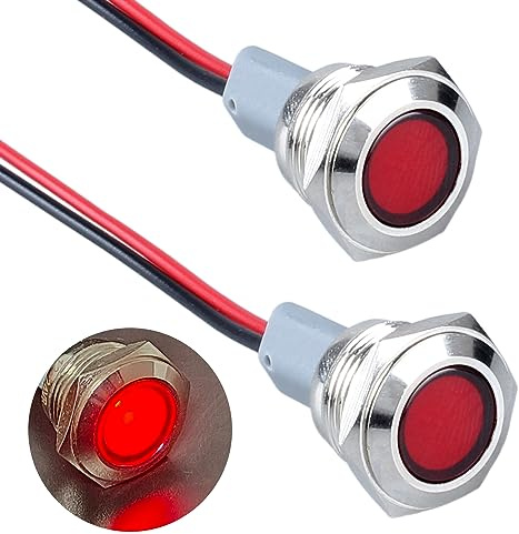 DMWD 2PCS 16mm Metal Indicator Light Mounting Hole 5/8, 12-24V AC/DC 20mA Waterproof IP67 Single lamp LED Pilot Lamp Flat Head with 20cm/7.87in. Wire for Car Truck Boat(Red LED)