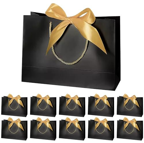 10 Stück Geschenktüten mit Griff, Weihnachts-Papier-Geschenktüten mit Fliege für Geburtstag, Keil, Feier, Party, Festival, Weihnachten, 32 × 25 × 11 cm(Schwarz)