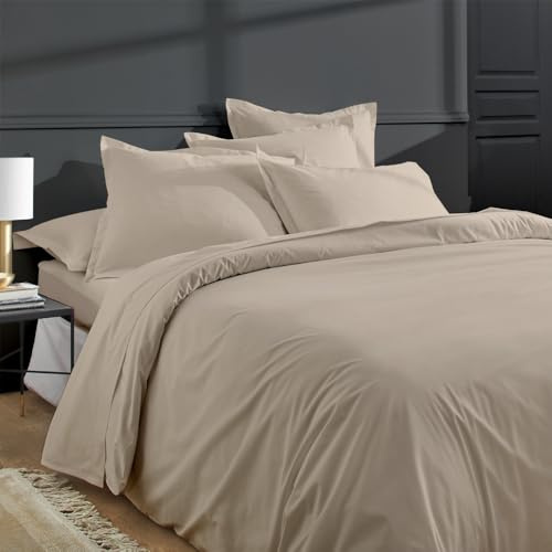 Duquennoy & Lepers – Parure de Lit 2 Personnes 240x220 CM et 2 Taies – Percale 80 Fils 100% Coton Qualité Hôtel – Housse de Couette Grand Lit Finition Rabat – Oeko-TEX® Made in Green – Uni Beige Lin
