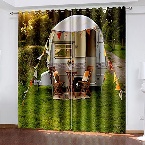 Vorhang Blickdicht 3D Druck Rasensitz Für Wohnmobile Muster Verdunkelungsvorhänge 140X110cm (HxB) Gardinen Mit Ösen Wohnzimmer Schlafzimmer Kinderzimmer Thermovorhang Ösenschal 2Er Set