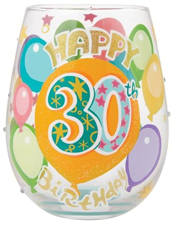 Enesco Lolita Designs - Bicchiere da vino senza stelo dipinto a mano, con scritta Happy 30th Birthday, 590 ml, multicolore