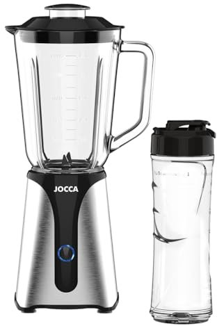 JOCCA - Batidora de Vaso de Cristal con Botella de Viaje/Potencia 350W, Licuadora/Jarra 1L y Botella de 600Ml/ Luz LED, Tapa Extraible, Cuchillas de Acero Inoxidable (Jarra + Botella 350W)