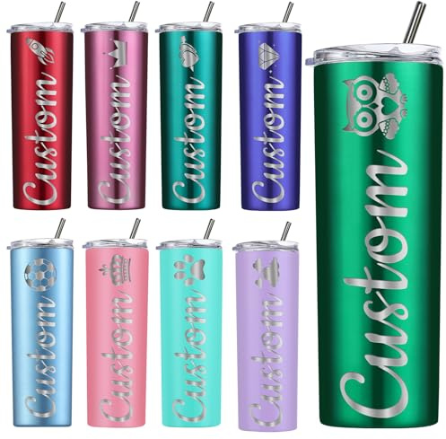 Amlion Gobelet personnalisé - Gravé au laser avec le nom, gobelets en acier inoxydable de 20 oz personnalisés avec couvercles et pailles pour les femmes et les hommes - 13 couleurs et 42 icônes