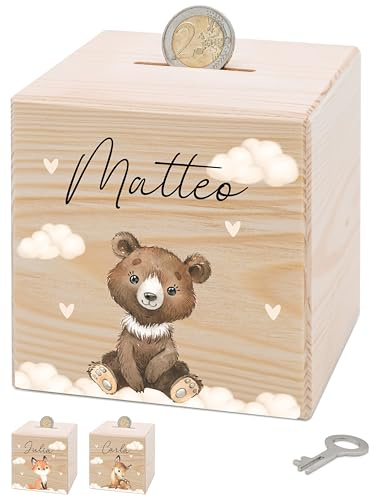 Bärenfreunde® - Personalisierte Spardose Kinder aus Holz mit Metallschloss - Spardose mit Namen mit kinderfreundlichem UV-Druck zum Sparen für Kinderträume (Bär)