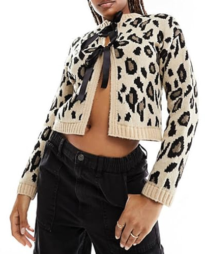Edhomenn Cardigan en tricot à manches longues avec fermeture à nouer sur le devant pour femme - Imprimé léopard, Blanc 01, M