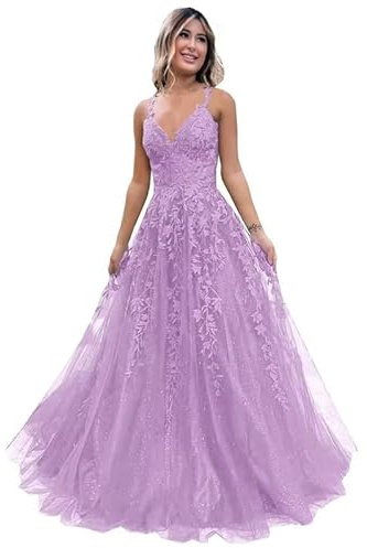 ChicFash Tulle Lace Appliques Sparkly Prom Dresses A Line with Slit V Neck Formal Party Dress Lilac