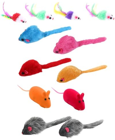 JEXOWIQ Katzenspielzeug, Tierspielzeug,12 pcs 4 Stile Katzenspielzeug Mäuse mit Federschwänzen Mausspielzeug mit Lebensechter Klang interaktives Spielzeug für Katze Kitty