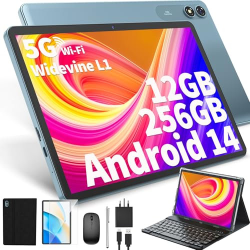 JJGJ 10 inch Android Tablet, Android 14 Tablet with Keyboard, 24GB+256GB, 1TB Expand, 8-Core, 8000mAh, 5G WiFi, Widevine L1, GMS, with Keyboard, Mouse, Stylus(Black)