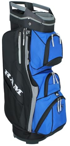 Ram Golf Deluxe Trolley Bag with 14 Full Length Dividers and Putter Slot, Black/Blue/Silver