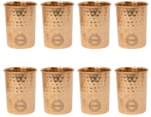 Fashnkart 8er-Set Trinkgläser aus reinem Kupfer, ayurvedische Gesundheitsbecher, Kupferbecher, 300 ml (gehämmert)