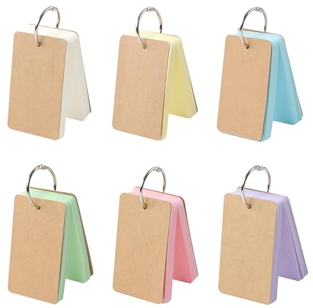 JUNART 300 Pcs Flash Cards with 6 Key Rings,5.4×9cm 6 Colours Portable Blank Index Cards with Kraft Cover for Daily Notes,Scrapbook,Shopping List,Travelling