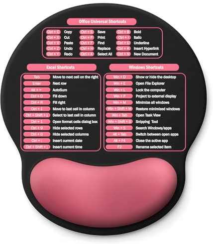 Mouse Pad with Wrist Rest - Ergonomic Memory Foam Support, Small Cute Excel Cheat Sheet Mousepad with Windows & Office Shortcuts, Non-Slip PU Base, for Computer Desk Laptop Travel, Black Pink
