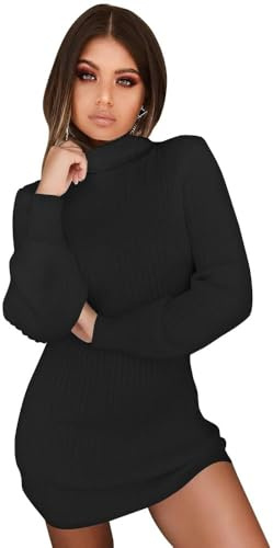 XFSRG Manches Longues Robe Femme Élégantes Sexy Col Roulé Pull Pullover Casual Robes Automne Hiver pour Fête Loisirs Cocktail(Noir/XL)