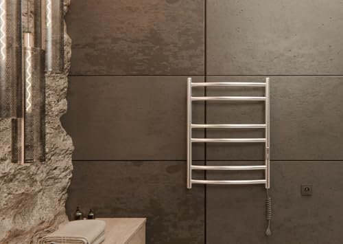 Calentador de toallas de acero inoxidable, 625 x 480 mm, radiador eléctrico de pared 84 W, IP44, termostato y temporizador, diseño para baño moderno