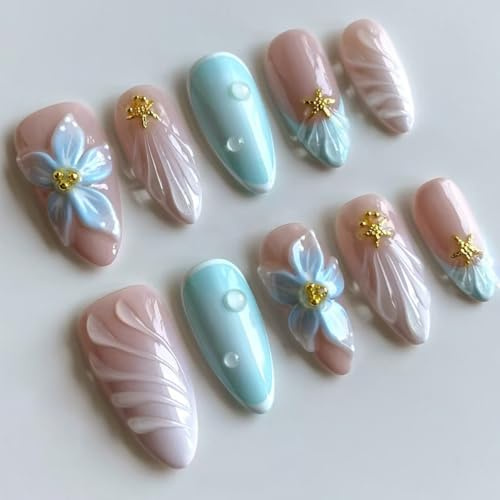 MouyouGlow Press on Nails Kurz,Almond Blau French 3D Bubble Blumen Floral Strand Wellen Muscheln Seesterne Fake Nails,Blue Tips Flowers Y2k Künstliche Fingernägel