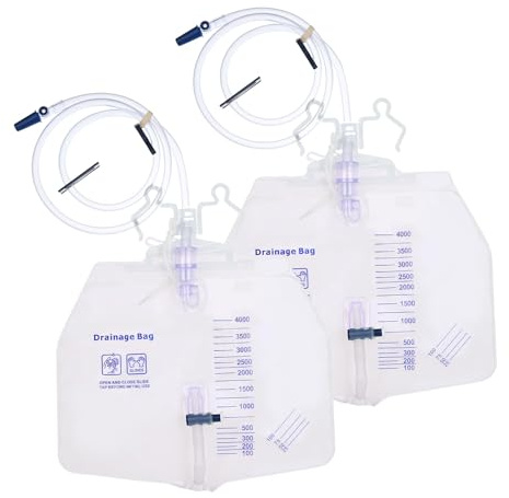 Paquete de 2 bolsas de catéter de 4000 ml, bolsas profesionales de drenaje urinario para hombres y mujeres, clips ajustables y gancho para colgar, tubo de drenaje grueso de 48 pulgadas