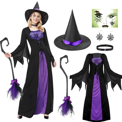 TOSZOLY Déguisement de Sorcière pour Femme, Deguisement Halloween pour Adulte, Ensemble de Déguisements de Sorcière avec Chapeau, Balai, Robe de Sorciere Halloween pour Carnaval Cosplay (L)