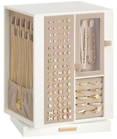 SONGMICS Boîte à Bijoux, Rotative à 360°, Coffret à Bijoux avec 4 Tiroirs, Rangement pour Accessoires, Colliers, Bracelets, Bagues et Boucles d’Oreilles, Idée Cadeau, Blanc Crème JBC211WD01