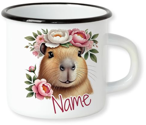 GRAZDesign Personalisierte Emaille Wasserschwein Kindertasse Capybara mit Namen mit Blumen für Mädchen