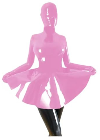 100% Latex Women's Long Sleeve A-line Dress, Hood Mask, Mini Swing Dress with Gloves,Pink,L