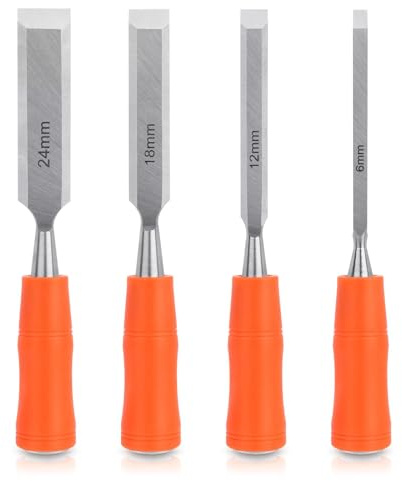 4-Piece Wood Chisel Set for Woodworking - Professional Bevel Edge Chisels (6mm/12mm/18mm/24mm) with Ergonomic Handles | Wood Carving & Sculpting Tools for DIY Carpentry Projects