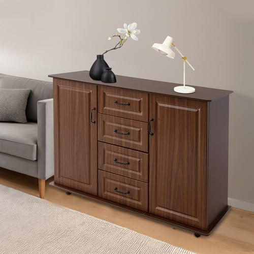 AQIFAND Aparador moderno multifuncional de 120 cm con 4 cajones y 2 puertas para entrada, cocina, comedor, salón (nogal oscuro)