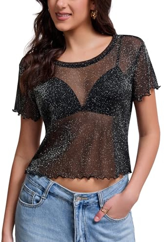Haianguoji Women's Sheer Mesh Printed T-Shirt See Through Short Sleeve Tops Lightweight Stretch Transparent Blouse for Layering (Black02, M)