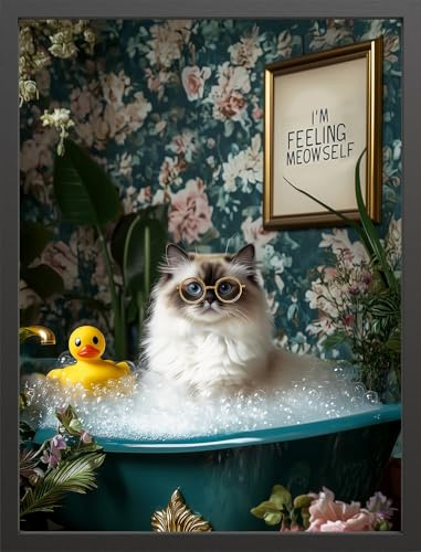 STYLER Bild Meowself 30x40 cm (AUFHÄNGFERTIG) mit hochwertigem schwarzem Rahmen – Lustiges Katzen-Wandbild für Badezimmer & Gäste-WC – Modern Humorvoll Dekorativ Hochwertig