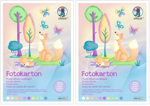 Ursus 3794699 - Fotokarton, Pastell, DIN A4, 300g/qm, 10 Blatt in 10 Farben, durchgefärbt, aus Frischzellulose, lichtbeständig, ideal für kreatives Basteln (Packung mit 2)