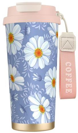 ERSDWRE Vaso de café aislado con estampado azul de crisantemo, taza de viaje con pajita, tazas de café al vacío, botella de agua para oficina