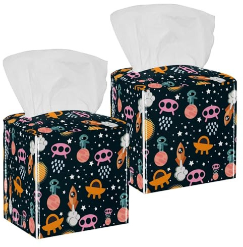 2PCS Square Tissue Box Cover, Space Planets Rockets Flying Saucers Aliens Pattern Leather Tissue Case Facial Paper Organizer Dispenser for Vanity Toilet Tank Dresser Night Stand Table Countertop