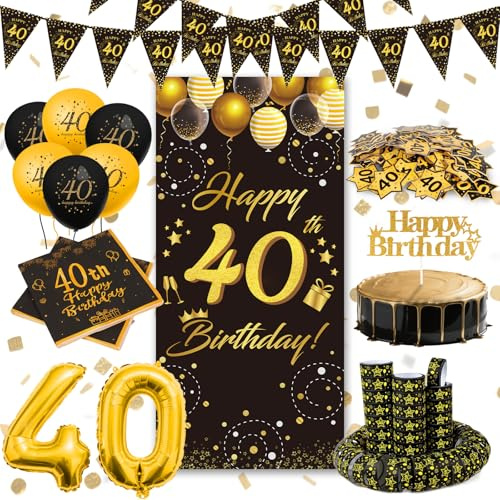 WenmthG 40 Geburtstag Deko Männer Frauen, Deko 40 Jahre Schwarz Gold | 40. Geburtstag Deko Set mit Banner, Luftballons, Servietten, Luftschlangen, Tortendeko, Girlande, Konfetti