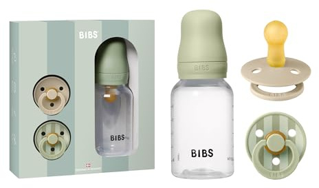 BIBS Gift Set Baby Sprinkle, med BIBS nappflaska 150 ml och Colour-napp 2-pack, BPA-fri napp, rund sugdel. Naturlatex, tillverkad i Danmark, storlek 1 (0–6 månader), Sage
