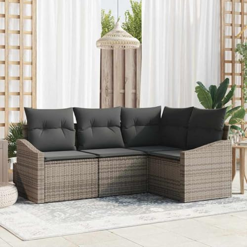QUAHEAS Garten Loungeset, 4-teilig, Grau Poly Rattan, UV-beständig, mit verstellbarem Tisch, wasserdichter Aufbewahrung, für Terrasse & Outdoor