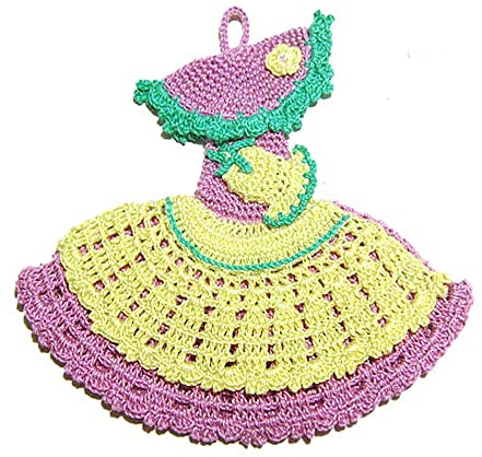 Presina Damina Gialla e Lilla ad Uncinetto 18x17 cm, in Cotone, Protezione Calore Cucina, Idea Regalo Mamma e Nonna (6PRS)
