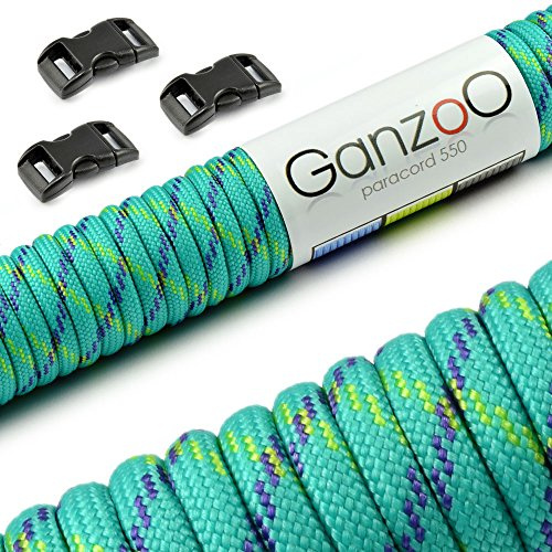 Ganzoo Set Paracord 550 Seil mit 3 x Klickverschluss 3/8“ 10mm Gurt, 4mm Schnur, 7 Kernstränge, Nylon - Polyester, Typ 3, 30 Meter, Outdoor-Schnur, Allzweckseil, Armband knüpfen, basteln