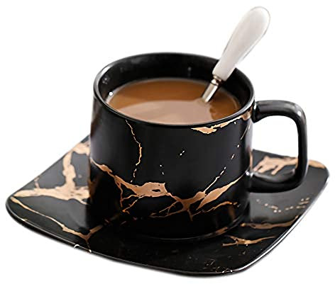 Espresso Coffee Set Set 250ml Noir Mat De Luxe Or Marbre Motif Phnom Penh Édition Limitée Haute Qualité Céramique Cadeau Cuillère
