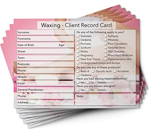 Ceretta client card formato A6 – record di consultazione cliente salone e terapista – servizi di trattamento Essentials – profilo e moduli di registrazione – Beauty Stationery – 105 x 148 mm –
