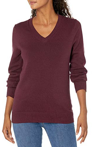 Amazon Essentials Damen Leichter Langarm-Pullover mit V-Ausschnitt, 100 % Baumwolle, Burgunderrot, Small