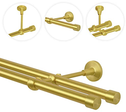 Barra de cortina de 1 carril, 2 vías, 19 mm, de latón dorado mate y cobre, estilo vintage, estilo 120 140 160 180 200 240 280 320 360 400 420 480 540 600, con tope, fijación al techo y a la pared