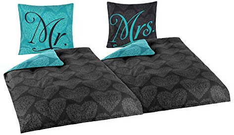 Niceprice Winter Partner Bettwäsche Microfaser Flausch Fleece Mr. und Mrs. Türkis Wendeoptik in 4 Größen, 2X 155x220 + 2X 80x80