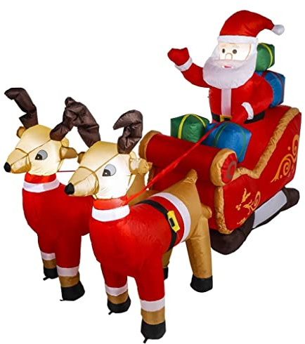 Selbstaufblasbarer XXL Weihnachtsmann mit Schlitten LED Beleuchtet 240 x 90 x 155 cm Santa Claus Rentiere Weihnachtsdekoration Weihnachtsdeko Gartenbeleuchtung Gartendekoration