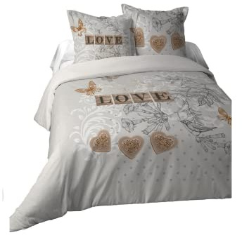 Lovely Casa - Bettbezug 260 x 240 cm und 2 Kopfkissenbezüge 63 x 63 cm – Clemence – 100% Baumwolle – Oeko-Tex – Bettwäsche – Romance – Love – Herz – Liebe – Grau und Natur – 2 Personen