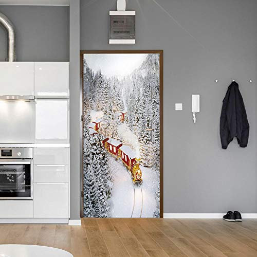 GSKBDQ Türtapete Selbstklebend Türposter Weihnachten Weißer Zug 95X215Cm 3D Effekt Türaufkleber - Fototapete Türfolie Poster Tapete - PVC wasserdichte Wandbild Home Wohnzimmer Dekoration Wandtattoo