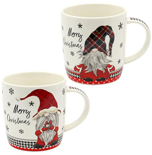 Dekohelden24 Porzellan Weihnachts-Tassen -Merry Christmas Wichtel - als 2er Set, L/B/H 8 x 12 x 10 cm, Fassungsvermögen 340 ml.