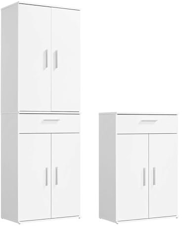 mokebo® Mehrzweckschrank Set 2-teilig 'Die Allzweckwaffe', Schrank-Set mit Midischrank & Hochschrank in Weiß, nutzbar als Aktenschränke, Büroschränke, Allzweckschränke oder Haushaltsschränke
