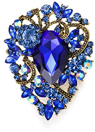 EVER FAITH Damen Brosche Tropfen Strass Kristall Clip, Vintage Stil Blume Cluster Pin für Konzert Blau Antik Gold-Tone